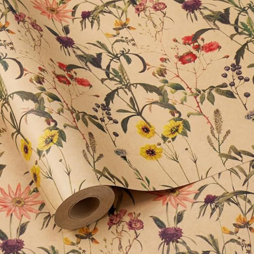 Rotolo di carta da regalo con fiori selvatici, 43 cm x 15 m, carta regalo per compleanno, festa, matrimonio, festa della mamma