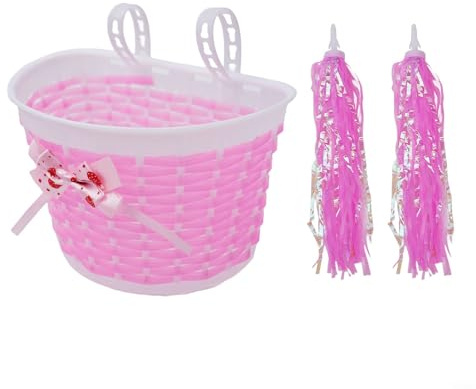 Vasiumic Carry Woven Basket Handlebars – Purple and Bikes Trolley with Streamer Tassels Compatible with Scooters Childrens Youth Bike to Pink or (1 Pack)(Pink)