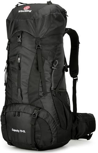 WintMing 75L Hiking Backpack with Rain Cover Waterproof Camping Backpack Shoes Warehouse for Men Women, Frameless (black)