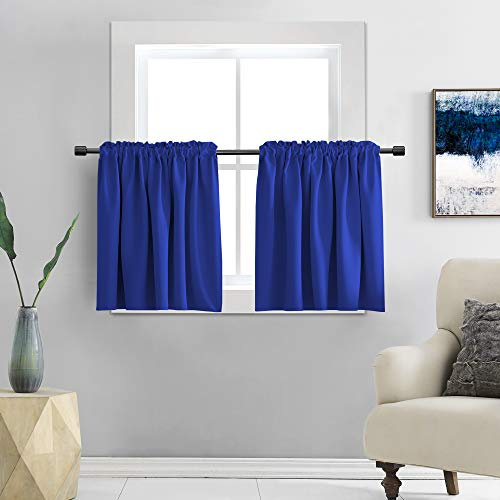 DONREN Classic Blue Blackout Tier Curtain Panels for Small Window - Thermal Insulated Room Darkening Rod Pocket Valance Curtains for Livingroom (30 by 30 Inch 2 Panels)