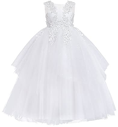Vestidos de niña de flores sin mangas de encaje floral princesa tul tutú junior dama de honor boda primera comunión concurso fiesta de cumpleaños maxi vestido de baile, blanco, 7-8 Años