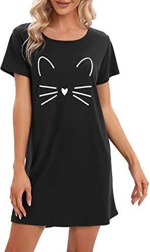 MAGIC ARMOR damnattlinne, kortärmade nattkläder, negligéer, sovskjorta t-shirt, sovtröja S-XXL, A-svart, M