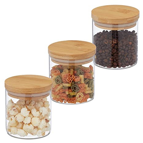 Relaxdays Vorratsgläser mit Bambusdeckel, 3er Set, kleine Vorratsdosen aus Glas, 500 ml, luftdicht, transparent/natur