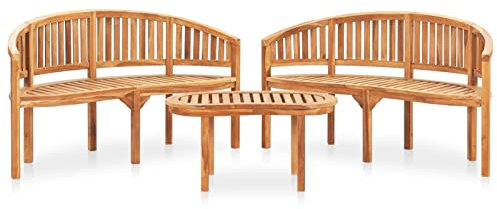Gecheer Trädgårds-lounge-set teak massivt trädgårdsmöbler 3-delat bananbänk trädgårdsset bänk bananbord lounge sittgrupp trädgårdsbord trädgårdsbänk träbänk bänk