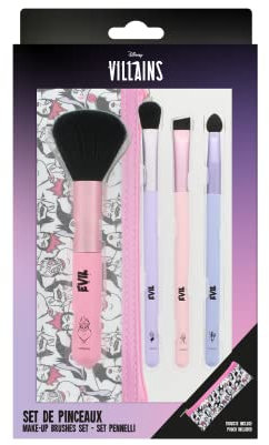 DISNEY VILLAINS - Set di 4 Pennelli da Makeup con i Cattivi, Ursula, Malefica e Crudelia De Mon - Brush per Trucco con Trousse da Viaggio - Prodotto Ufficiale