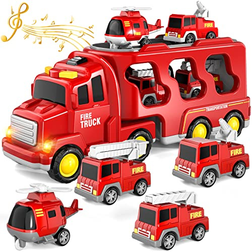 Car Toy Truck for Toddlers Boys Girls 1 2 3 4 5 6 Years Old, 5 in 1 Toddler Trucks Toys for Boys Age 1-3 3-5, Boy Toys Christmas Birthday Gift Car Sets with Light Sound (Fire Truck)