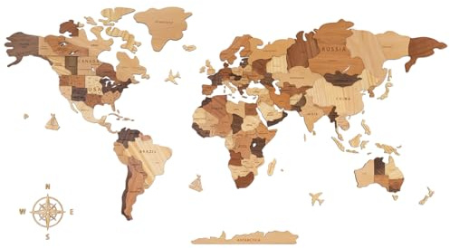 Creawoo Mappa del Mondo 3D in Legno da Parete, Massello Naturale Multistrato Mappamondo Arte per Soggiorno Ufficio Camera Decorazione, Multicolore - 200x114cm