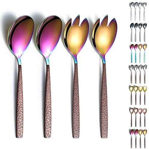 Evanda Set di Server per Insalata, Set di Portata per Insalata in Acciaio Inossidabile Manico Marrone e Testa Colorata Lucida, Cucchiaio da Insalata, Server per insalate, forchetta per Insalata