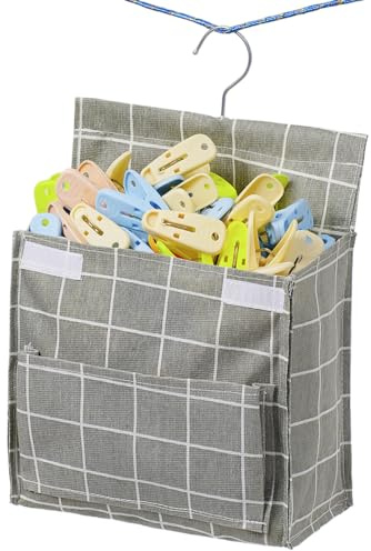 KOOZTI Laundry Clothespin Bag for Clothesline Outdoor, Waterproof Clothes pin Bag with Lid, Large Opening, Large-Capacity Clothespin Storage Organizer with Hooks