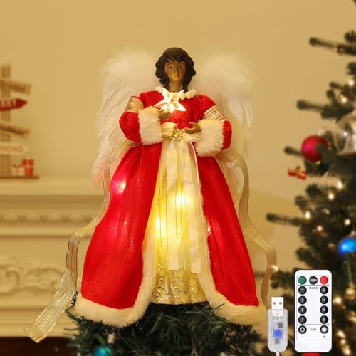 Lewondr Ange Noir de la Cime du Sapin de Noël, 12 Cimier d'Arbre de Noël Ange avec 8 Modes de Lumière, Figurine d'Ange avec Aile, Décoration de l'Arbre de Noël avec Minuterie 6H pour la Maison, Rouge