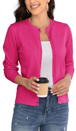 BERESIA Stickad cardigan dam med golfknappar rund hals elegant, Mörkrosa, M