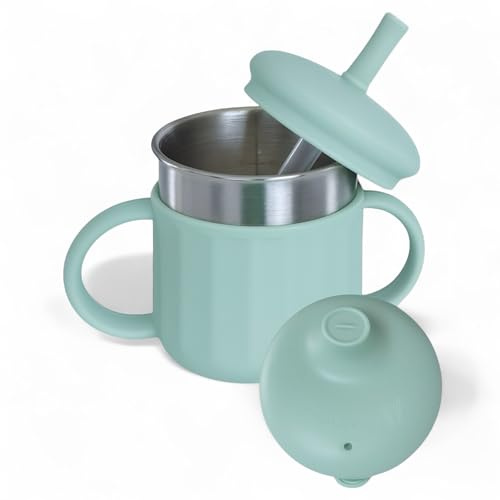 Teeny Weany Stainless Steel Baby Sippy Cups for Infants, Toddlers, and Kids | Leak-Proof Straw & Sippy Cup | 3 Stages Toddler Training Cup | Odor-Resistant | Dishwasher Safe 220ml with Handles | Blue