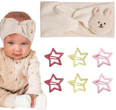 Diadema turbante para bebé, Diadema elástica para bebé, bandas para el pelo de algodón para niños, Con 6 horquillas de estrella, diadema de conejito para bebé recién nacido