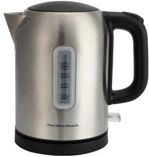 Hamilton Beach Electric Kettle, Compact, 1L, Brushed Stainless Steel, Boil Dry Protection, Auto Shut Off, Push Button Lid, Water Level Window, UK Strix Technology, Silver - HB02403B1