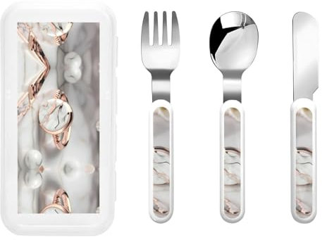White Marble Rose Gold Pattern Stainless Steel Cutlery Set, Stainless Steel Cutlery Fork Spoon and Knife for Daily Meals