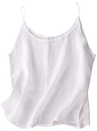 Minetom Débardeur Femme Coton Et Lin Col Rond Sangle Spaghetti Ete Hauts sans Manche Bretelles Camisole Top A1 Blanc XL