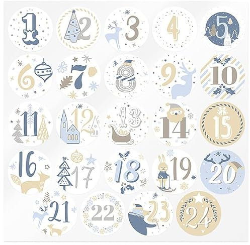Kit de pegatinas calendario de Adviento azules y doradas, pack de 24 adhesivos de 3,5 cm con números del 1 al 24. Motivos navideños para decorar. Resistentes y de calidad.