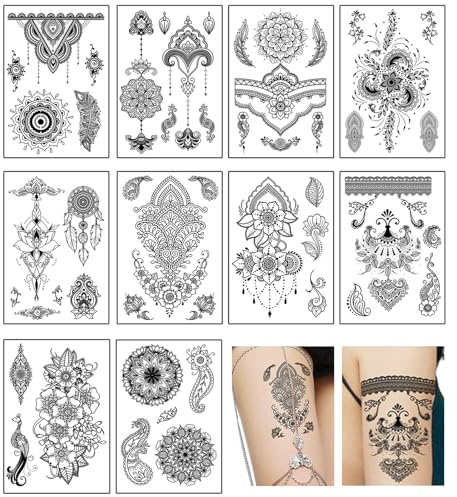 CharmeFleur 10 ark svart henna tatueringssats, vattentäta henna tatueringar klistermärken för kvinnor bröllopsfest festival dekorationer