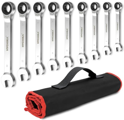 HYCHIKA Ratchet Spanner Sets, 9PCS Combination Wrenches, 72 Tooth Ratchet Gear 6-19 mm Metric Spanner Set, Fixed Head Combination Spanner Set in Roll Bag