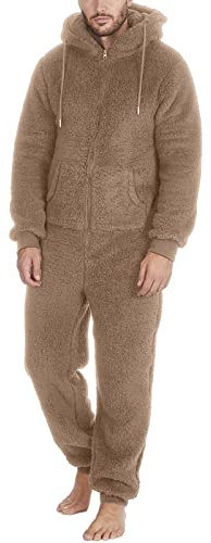 Pigiama da uomo a pezzo unico, pigiama a maniche lunghe da uomo, completo con zip, caldo e in pile soffice, tuta da notte con cappuccio in pile di peluche, pigiama in pile soffice e caldo da uomo
