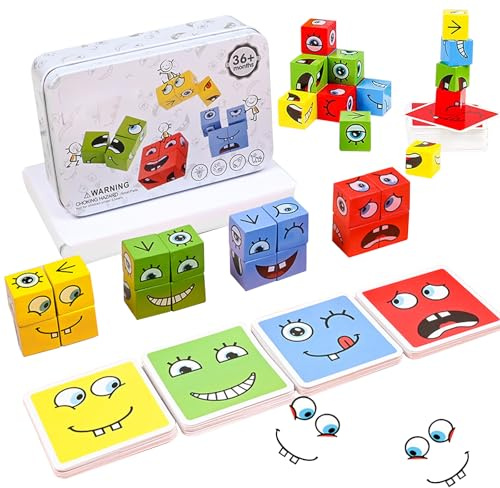 Puzzle de Madera de Expresión Facial,Puzzle Expresiones de Madera,Montessori Interactivo Juguete Rompecabezas Cubos MáGicos Emoji,Bloque de Construcción de Cara MáGica,para Niños 3+ Años