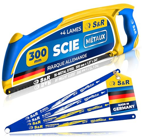 S&R Metallsäge Bügelsäge Set 300mm, 5-TLG mit 4 Hochleistungs-Sägeblättern MADE IN GERMANY, Handsäge Metall Eisensäge, Molybdän Bi-Metall 18/24 TPI