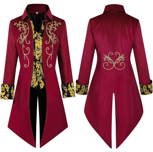 Generisch Veste frack médiévale steampunk vintage pour homme - Prince victorien - Manteau baroque - Uniforme gothique - Costume de pirate de vampire, rouge, XL
