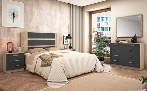 Meyvaser.com Ecommerce Company Conjunto Dormitorio Completo – Cabecero con Patas 160 cm + 2 Mesitas de Noche 3 Cajones + Cómoda 4 Cajones, Color Cambria y Negro, Estilo Moderno
