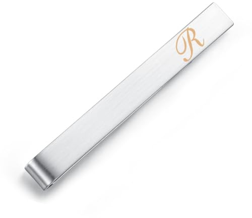 HONEY BEAR Mens Initial Alphabet Letter Tie Clip Bar - Normal Size for Business Wedding Gift,5.4cm,Brushed Silver A - Z (R)