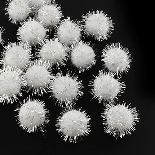 Perlin Plush Pompons mit Silber Glitzer Pompon 15mm Weiß Bommel 50stk Nähen Tilda Basteln Borte bälle Flauschigen Plüsch Bälle für Lustige DIY Kreative Handwerk DEK15