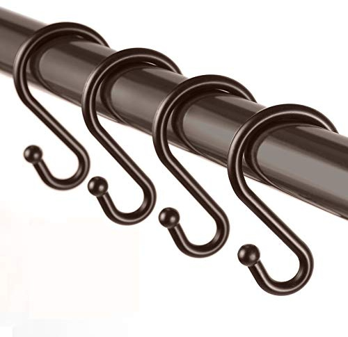 Metal Shower Curtain Hooks，Set of 12 Rings，Rust Resistant S Shaped Hooks Hangers for Shower Curtains, Kitchen Utensils, Clothing, Towels, etc. (Bronze)