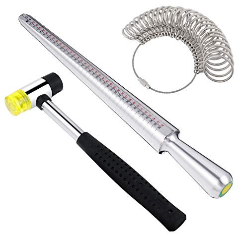 Firtink 3 in 1 Metal Ring Mandrel Ring Sizer Ring Gauge Set with Jewelers Rubber Hammer Mallet Finger Sizing Tools Rings Size Measurements UK Sizes A-Z Steel Jewellery Making Repair Tool