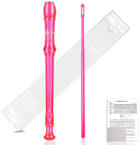 Everjoys Soprano Recorder for Beginners Students in School - German Style C Key 8 Hole Flute Detachable 3pcs ABS Crystal Music Recorder w/Cleaning Rod,Bag and Fingering Chart, Transparent Bobby Pink