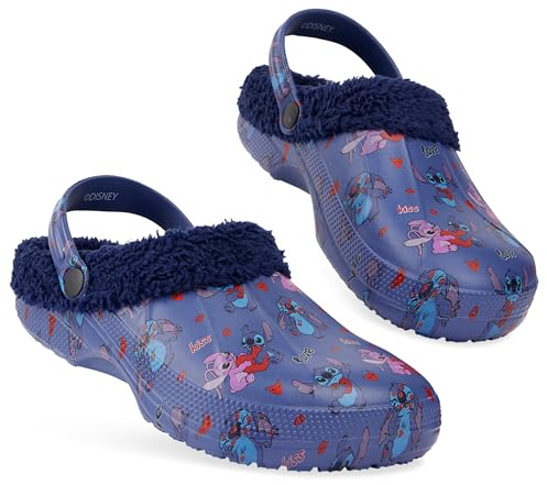 Disney Stitch Clogs for Women Fleece Lining Slip On Garden Shoes Heel Strap Options with Charms Indoor Outdoor Stitch Gifts (Navy Stitch, 6/7 UK)