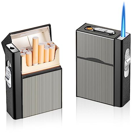 Nizirioo Cigarettfodral med tändare aluminium cigarettbox: Vindtät tändare gaständare stormtändare kan ladda 20 uttag, USB-laddning (säljs utan gas)