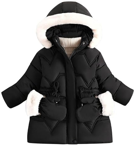 Runstarshow Girls Winter Coat Padded Jacket Toddler Kids Girls Hooded School Coats with Removable Gloves Ski Jackets Parka Coat Fleece Lined Outerwear Warm Overcoat Girls Winter Clothes 1-10 Years