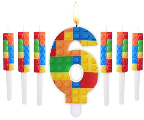 Herdear 7 Stück Baustein Nummer 1-9 Geburtstagskerze mit 6 Bausteine Kuchen Kerzen Zahlen Geburtstagskerzen für Baustein Party Kuchen Deko Geburtstag Dekoration Party Zubehör (Nummer 6)