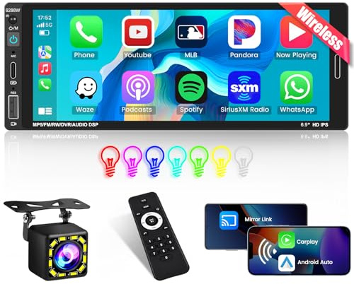 Inefala Autoradio Bluetooth 1 din kompatibile med trådlöst CarPlay Android Auto 6,9 Pollici Touchscreen Stereo Automatisporta Bluetooth/Mirror Länk/FM Radio/USB/Tipo-C/EQ con Telecamera Posteriore