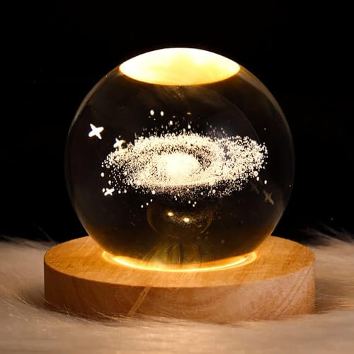 DRYFAL, Sfera di cristallo 3D con motivo galassia, luce notturna per bambini a forma di sfera in vetro, lampada da notte con base in legno, tema fantasy con alce, decorazione in cristallo, con LED
