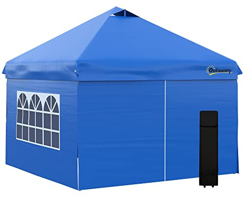 Outsunny - Carpa de jardín (3 x 3 m, altura ajustable, 4 paredes laterales, extraíbles, ventanas, bolsa de transporte con ruedas, color azul