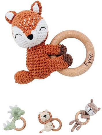 Bärenfreunde® - Personalisierter Beißring Baby - Niedlicher Greifling für Baby's ab 0 Monate - Babyrassel mit Name als Baby Geschenk für Mädchen und Jungen (Fuchs liegend,ohne Name)
