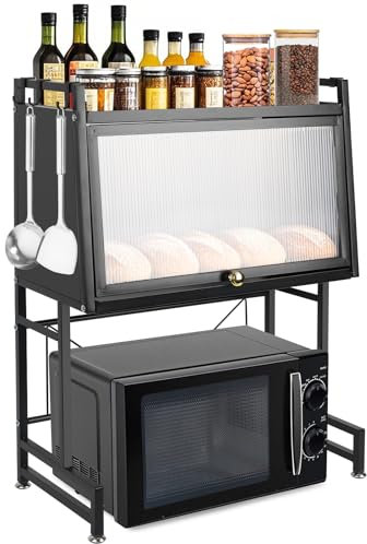 Osrioal Microwave Shelf Stand, 3-Tier Microwave Oven Rack with 4 Hooks, Kitchen Counter Storage Shelf, Bakers Rack, Desktop Printer Shelves (Black)