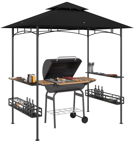 Outsunny 8' x 5' Grill Gazebo Canopy, Double Tiered Outdoor BBQ Gazebo Shelter with 2 Side Shelves, Storage Baskets, Hook for Garden, Patio, Barbecue, Picnic, Dark Grey