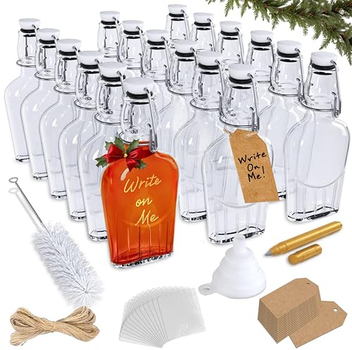 Nevlers 8.5 Oz Liquor Flask Swing Top Glass Bottles 18 Pack | Airtight Small Flask Flip Top Glass Bottle Set w/Shrink Wrap, Tags, Funnel, Marker & More | Vanilla Extract Bottles | Glass Syrup Bottle