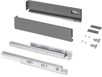 Emuca - Kit låda för kök eller badrum Protone, höjd 93 mm, djup 450 mm, 30 kg, mjuk stängning, skivor ej inkluderade, stål, antracitgrå