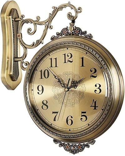 OJIJO Reloj de Pared de Doble Cara Estilo Europeo, Retro, silencioso y Giratorio, estación Creativa, Ideal for Sala de Estar, Dormitorio, Estudio y jardín.
