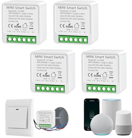 4 Stück Smart Lichtschalter Modul, Alexa Lichtschalter Smart Home, Mini WLAN Smart Switch Kompatibel Alexa, Sprachsteuerung, Smart Life Schalter, Neutralleiter Erforderlich