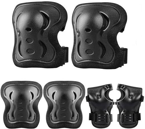 Plusawa Kids Knee Pads, Elbow Pads, Wrist Guards, Glow-in-the-Dark, Sports Protective Gear Set for Skateboard, Cycling, Roller Skates and Outdoor Activities 0-50KG (Black, M)