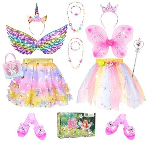 Rolevoria Princess Dress Up Unicorn & Fairy Costume for Girls, Toddler Tutu Set with Wings, Shoes, Jewelry, Headband, Pretend Play Fairy Toys for Girls Ages 3 4 5 Christmas Birthday Gift Rainbow