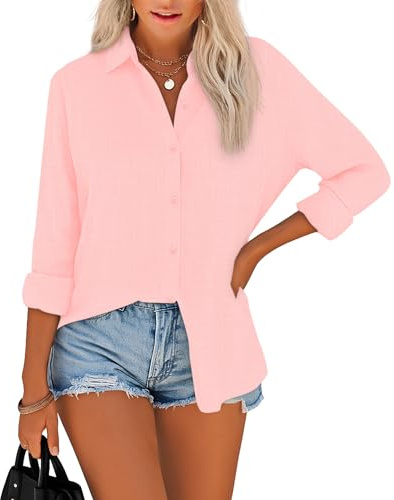 NONSAR Blusa para mujer elegante con cuello, parte superior de manga larga de algodón, blusas casuales y holgadas para mujer, Rosa., S